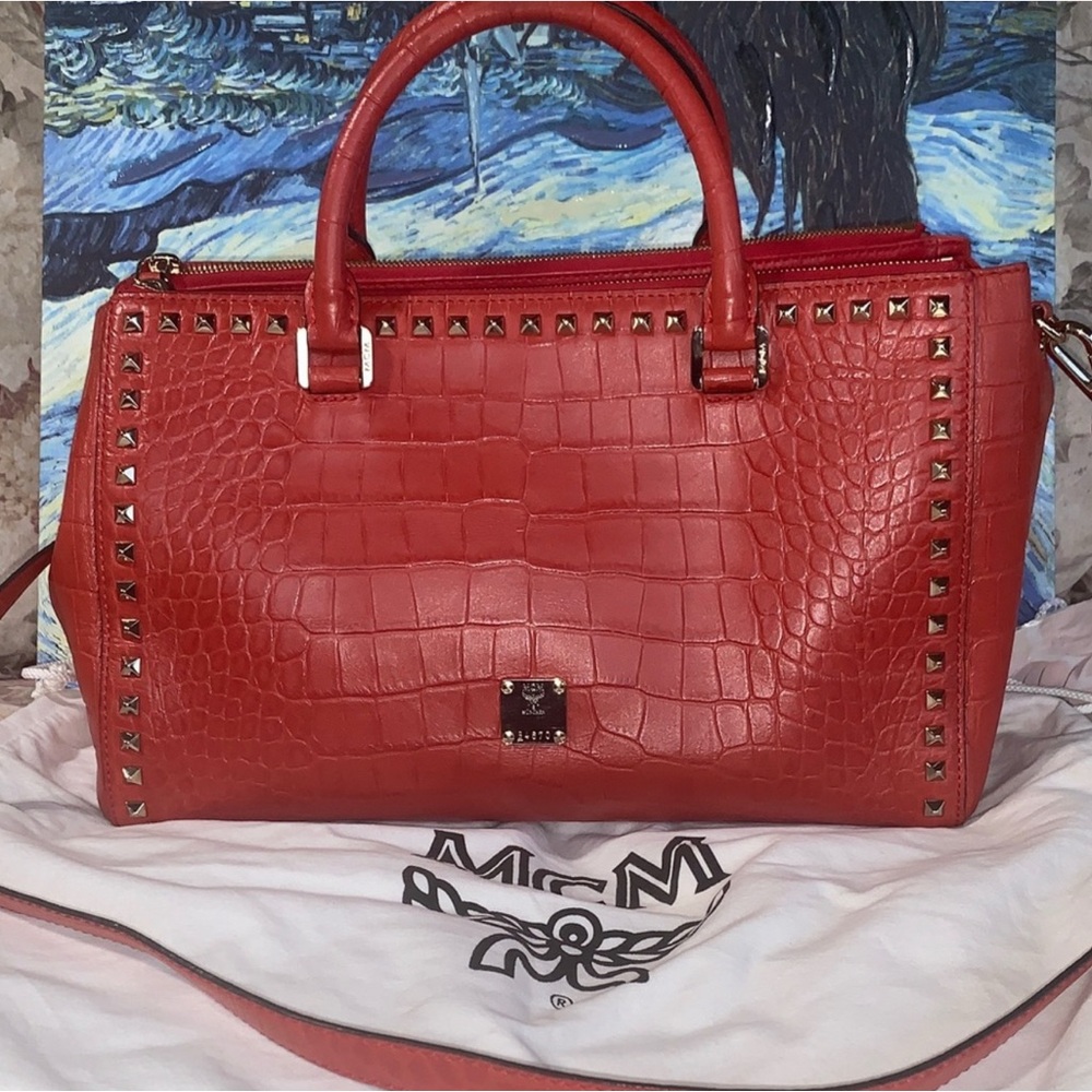 MCM Red Crocodile-Embossed Studded Handbag
